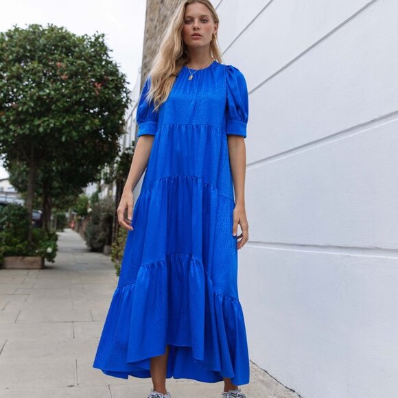 Wolf and Badger Palones Tiered Satin Jacquard Maxi Dress Blue Size 6 - Picture 2 of 7